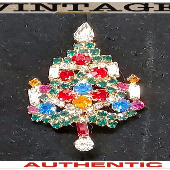 VTG JOSEPH WARNER SPARKLE JEWELED RHINESTONE GOLD TONE CHRISTMAS TREE BROOCH PIN - Picture 2 of 10